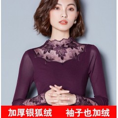 2019秋冬新款網(wǎng)紗打底衫女長袖t恤加絨保暖蕾絲上衣小衫大碼紗衣